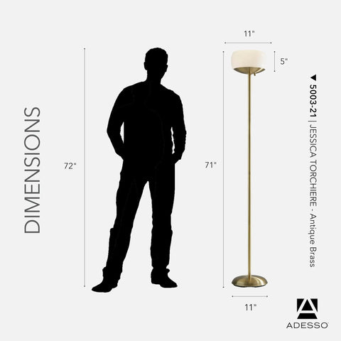 Antique Brass Torchiere Floor Lamp With White Opal Glass Shade Uber Bright 300W Double Socket Uplight 71 Inch Tall with silhouette