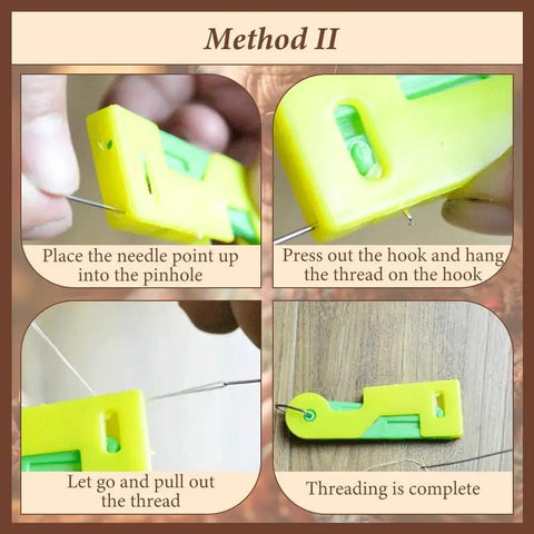 Automatic Needle Threader Set Of Three No Fuss Quick Threading Aid For Sewing Machine And Hand Sewing Perfect For Embroidery Cross Stitch Craft Beading And General Sewing Projects shown with threading steps and tool close-ups