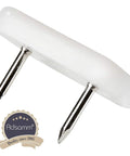 Top Shelf White Furniture Sliders With Nails For Heavy Duty Angular Glides 100 Pack Floor Protection Pads 0.71 X 1.18 Inches close-up of a white furniture glide with nails.