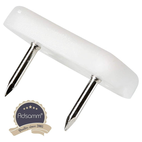 Top Shelf White Furniture Sliders With Nails For Heavy Duty Angular Glides 100 Pack Floor Protection Pads 0.71 X 1.18 Inches close-up of a white furniture glide with nails.