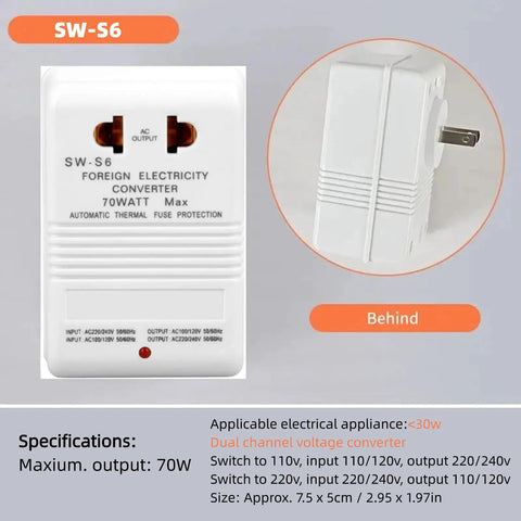 Travel Ready 70W Voltage Converter From 110V Or 120V To 220V Or 240V shown with plug and specifications