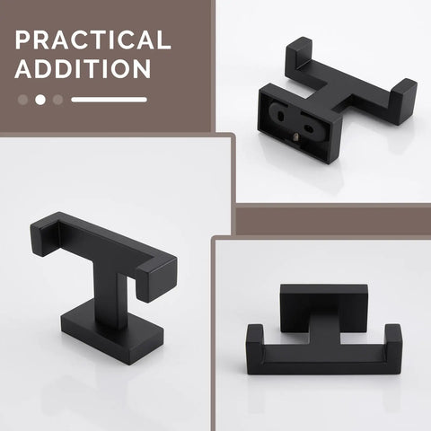 Matte Black Stainless Steel Double Towel Hooks For Wall Mount, showing SUS304 design in multiple angles, 2 Pack