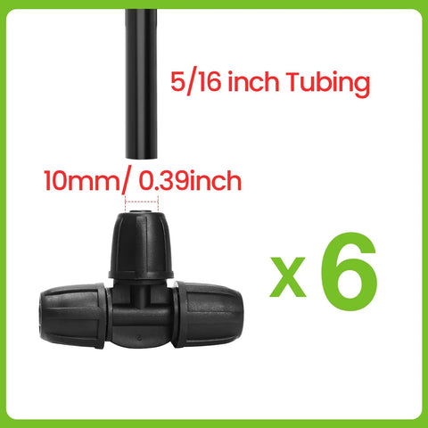 Six Pack Five Sixteenth Inch Drip Irrigation Tee Connectors Barbed Lock Fittings for Garden Hose System