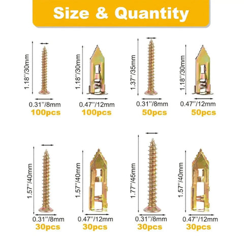 Self Drilling Drywall Screws Kit Durable Steel Mounting Set With 420 Pieces For No Drill Install On Wood Metal And Synthetic Boards Perfect For Diy And Pro Projects, size chart with 8mm and 12mm screws