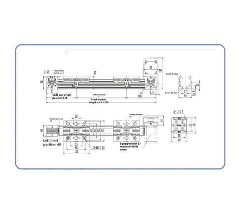 Technical drawing of Heavy Duty Belt Drive Linear Motion Module Electric Slide Table Automation Unit With Complete Kit, 1700 mm stroke.