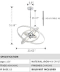 Dope Modern Crystal LED Chandelier With Four Adjustable Ring Designs, Round 23.62-inch Chrome and Crystal Pendant