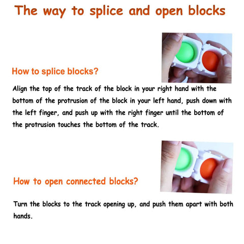 Instructions on splicing and opening Super Soft Silicone Fidget Popper Blocks Keep Young Minds Busy Infinity DIY Shape Builder Totally Awesome For Phonics Sight Words And Relaxed Classroom Sensory Fun White.