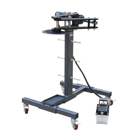 Pro Spec 10 Ton Air Hydraulic Tube Bender With 12 Inch Stroke side view on wheels, foot pedal control for easy maneuvering.