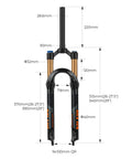 MTB Air Suspension Fork With 120mm Travel, 32mm Stanchions, 28.6mm 1 1/8 Inch Straight Steerer, 9mm QR, 100mm Spacing, dimensions shown