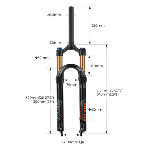 MTB Air Suspension Fork With 120mm Travel, 32mm Stanchions, 28.6mm 1 1/8 Inch Straight Steerer, 9mm QR, 100mm Spacing, dimensions shown