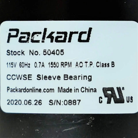 Label on Packard 50405 Compatible Bathroom Fan Vent Motor Replacement For Vintage Ceiling Exhaust Fans with specifications.