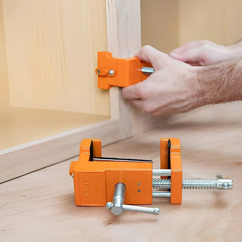 Precision Woodworking Clamp And Drilling Holding Clip With Adjustable Positioning For Clean Accurate Drilling Every Time Rock Solid Steel Grip visible in use during woodworking project