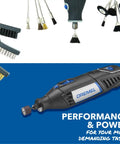 Heavy Duty Rotary Tool Kit With Complete Accessory Bundle features multiple brushes and rotary tool on blue background.