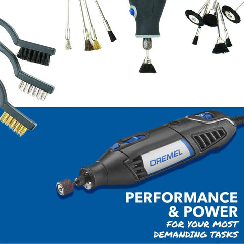 Heavy Duty Rotary Tool Kit With Complete Accessory Bundle features multiple brushes and rotary tool on blue background.