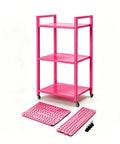 Rolling 3 Tier Metal Storage Organizer With Soft Pink Finish And Adjustable Foot Pads For Squishy Spaces Featuring Pop Off Guard Panels To Knock Kitchen Laundry And Garage Jumble Down Easy For Stress Free Home Upkeep Anywhere You Park It with three shelves and removable panels.