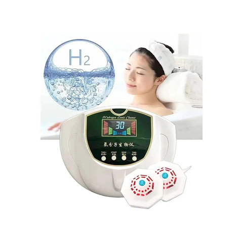 Hydrogen Bath Generator With 99.99 Percent H2 Concentration Using SPE Electrolysis Tech For Foot Baths And Facial Cleansing Delivers 1000 To 3000 PPB And Is A Game Changer For Fatigue Relief Boosts Blood Circulation Softens Skin And Immune Health showing device and woman relaxing in bath