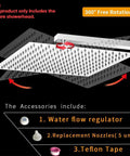 Diagram showing 12 Inch Square Rain Shower Head High Pressure Stainless Steel Bath Shower Head With Waterfall Full Body Coverage Silicone Nozzles No Tools Needed Easy Install Polished Chrome Fits Standard G1 2 Inch Thread and accessories.