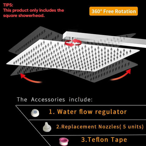 Diagram showing 12 Inch Square Rain Shower Head High Pressure Stainless Steel Bath Shower Head With Waterfall Full Body Coverage Silicone Nozzles No Tools Needed Easy Install Polished Chrome Fits Standard G1 2 Inch Thread and accessories.