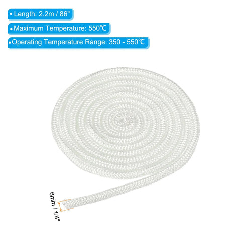 Round white fiberglass stove gasket rope, 86-inch long, 6mm diameter, high-temperature seal.