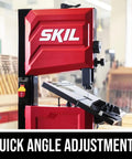 Side view of 2.8 Amp 9 Inch Benchtop Band Saw for Woodworking in a workshop, showing quick angle adjustments feature.