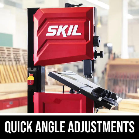 Side view of 2.8 Amp 9 Inch Benchtop Band Saw for Woodworking in a workshop, showing quick angle adjustments feature.