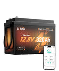 Compact 12V 320AH LiFePO4 Battery With Fast Self Heating Element for RV trailers and marine yachts displayed with smartphone app.