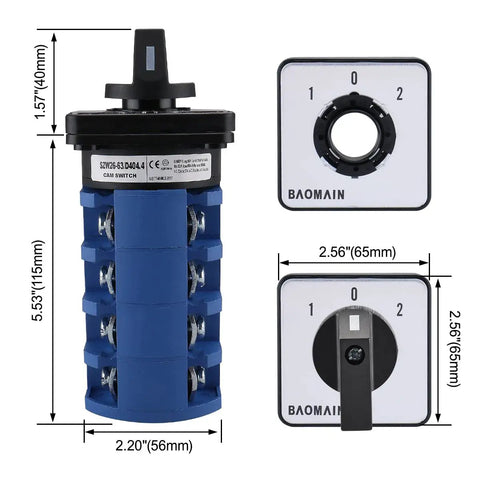 Heavy Duty Beefy Rotary Selector Cam Changeover Switch 660V 63A 3 Position With 4NO 4NC Contacts shown in multiple views