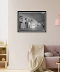 Vintage Framed Print Of Wilson Dam And Hydroelectric Plant Turbine And Generator Unit Spanning The Tennessee River On Wilson Dam Road In Muscle Shoals Alabama A Totally Dope Historical Wall Art For Home Decor From Library Of Congress Archive, hanging on a living room wall.