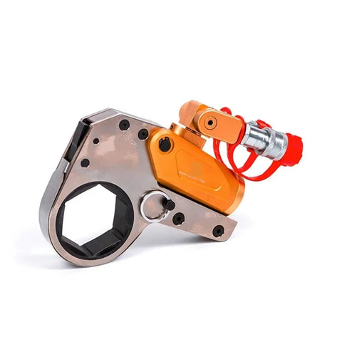 TopShelf Hydraulic Torque Wrench Manual Adjustable Driving Type With Precision Machined Core and Legit 360 Degree Swivel Fittings for Knockout Heavy Duty Torque Work, side view with hexagonal opening.