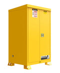 Heavy Duty Reinforced Steel Outdoor Flammable Liquid Storage Cabinet Built Tough And Totally Rock Solid With Double Wall Welded Frame And Foolproof Rain Gutters, yellow finish.