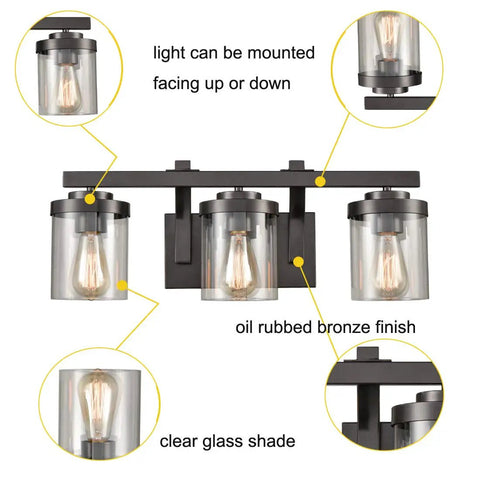 Oil Rubbed Bronze 3 Light Bathroom Vanity Light Fixture With Clear Glass Shades Dope Industrial Style Wall Mount Bath Lighting