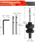 9-1/4 in bi-metal hole saw with 1/2 in hex shank arbor; includes one L-wrench and two drill bits.