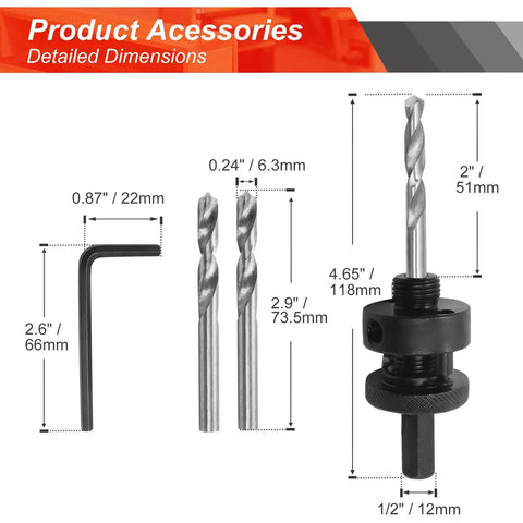 9-1/4 in bi-metal hole saw with 1/2 in hex shank arbor; includes one L-wrench and two drill bits.