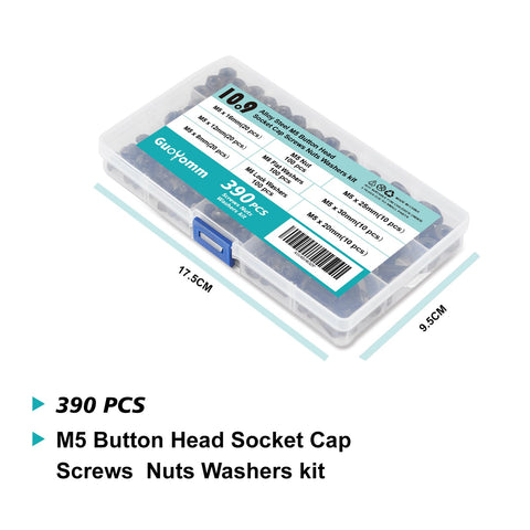 M5 Button Head Socket Cap Screws Set 390 Pcs Assortment Kit With Nuts And Washers in plastic case with dimensions 17.5cm x 9.5cm