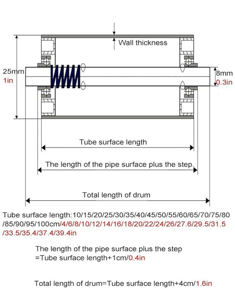 Diagram detailing dimensions for No Sweat Smooth Rolling Heavy Duty Stainless Steel Conveyor Rollers 5 Pack Non Powered Idler Tubes.