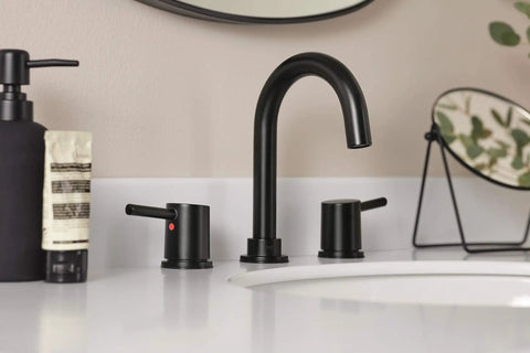 Precept Widespread Matte Black Bathroom Faucet For 3-Hole 6-16 In. Install With ADA Push Pop-Up Drain Ceramic Cartridge 1/4 Turn Handles