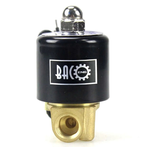 Front view of One Quarter Inch Brass Electric Solenoid Valve 110V AC Normally Closed NPT Thread with black coil