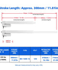 Slick 12V Linear Actuator With Integrated Limit Switch, Beast Mode Beefy 1500N with stroke length and dimensions chart.