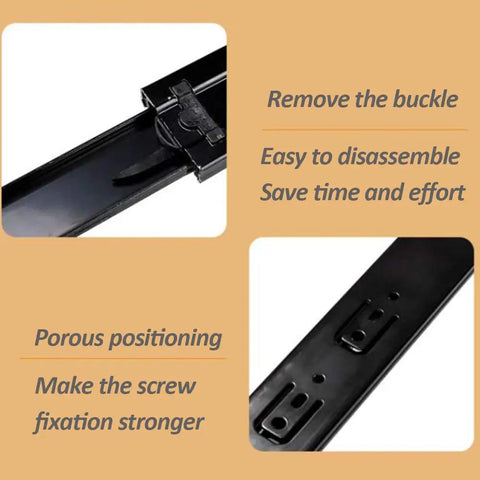 Close-up of Push To Open Drawer Slides With Side Mount Runners showing a black buckle and porous positioning for screws.