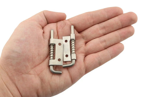 Hand holding 4 Piece Flat Pin Hinge Spring Latch made from 304 stainless steel, showcasing rustproof and durable door lock spring loaded latch pins.