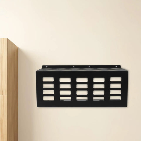 Heavy Duty Wall Mount Caulk Tube Holder Rack holds eleven adhesive cartridges upright, black metal design mounted on wall.