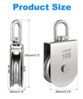 Beefy Single Wheel Lifting Pulley Block With 3300 Lbs Capacity Swivel Roller Rope Pulley Made From 304 Stainless Steel shown in size dimensions