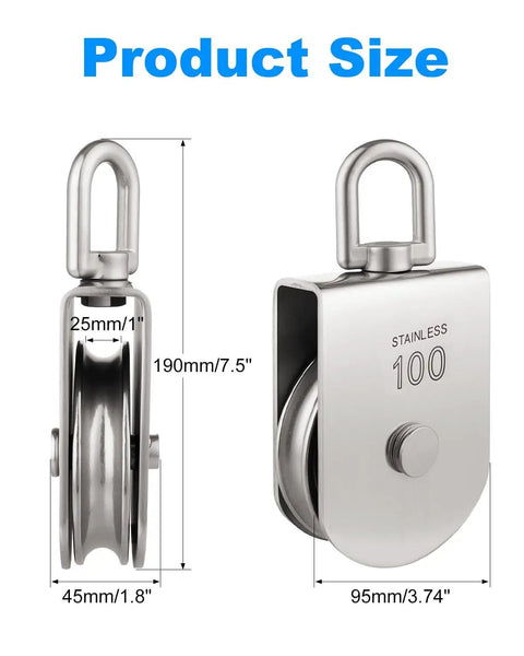 Beefy Single Wheel Lifting Pulley Block With 3300 Lbs Capacity Swivel Roller Rope Pulley Made From 304 Stainless Steel shown in size dimensions