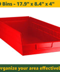 Heavy Duty Chrome Storage Shelving Unit With 20 Slanted Bins For Garage Workshop Warehouse Office Tool Hardware Parts Solid Metal Rack Built Tough No Sweat High Performance Industrial Strength red storage bin 17.9" x 8.4" x 4" for organizing tools.