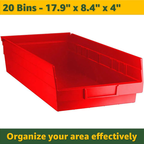 Heavy Duty Chrome Storage Shelving Unit With 20 Slanted Bins For Garage Workshop Warehouse Office Tool Hardware Parts Solid Metal Rack Built Tough No Sweat High Performance Industrial Strength red storage bin 17.9" x 8.4" x 4" for organizing tools.
