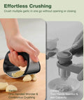 Person using Garlic Press Rocker Stainless Steel Crusher Mincer And Chopper With Peeler And Scraper for effortless garlic crushing.
