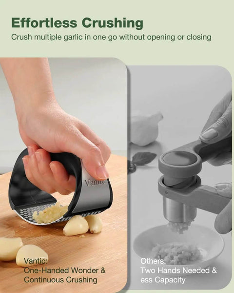 Person using Garlic Press Rocker Stainless Steel Crusher Mincer And Chopper With Peeler And Scraper for effortless garlic crushing.