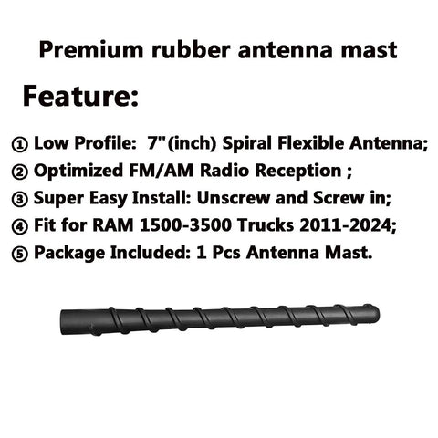 7 Inch Spiral Flexible Rubber Truck Antenna For RAM 1500 2500 3500 4500 5500 2011 To 2026 Short Mast with features list