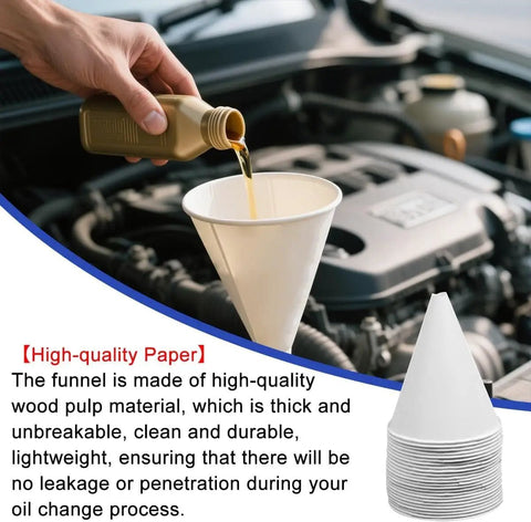 50 Pack Disposable Paper Oil Funnels For Cars No Spill Automotive Fluid Dispenser Cone Funnel Set For SUVs Sedans Trucks in use