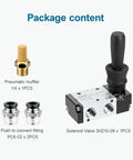 Package contents including Three Way Two Position Pneumatic Solenoid Valve With Hand Lever Push Pull Manual Control One Quarter Inch NPT Ports Aluminum Body Direct Drive Model 3H210-08, muffler, and fittings.